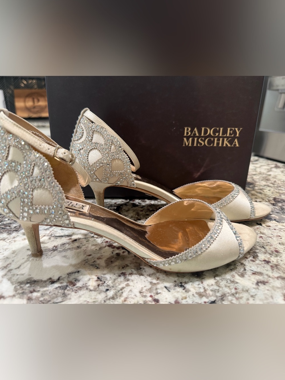 Badgley Mischka Ivory Champagne Rhinestone Open-Toe Evening Heels